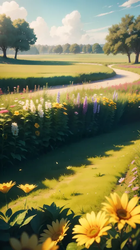 Summer. Sunny meadow with many flowers. Disney Pixar cartoon style. Photorealistic, cinematic, Octane render, 8K, Blue sky background with white clouds  