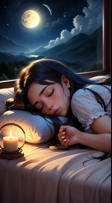 masterpiece, highest quality, night, hill, cloud, full moon, long hair, woman sleeping on mattress pillow, silhouette, fire Fly,diaphragm.