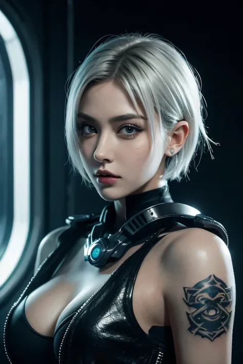 cool girl，futuristic，cyberpunk，silver short hair，big eyes，CG，rendering，UE5 engine，black camisole，tattoo