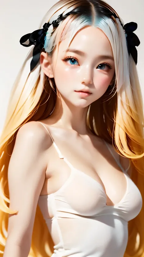 one woman、(((Beautiful gradient hair)))、big ribbon hair ornament、very cute、simple background、background is blurry、An ennui look、small breasts、 (smile:0.2), (highest quality:1.0), (超A high resolution:1.0) ,(photo-realistic:1), (super detailed:1.0), (8K RAW写...