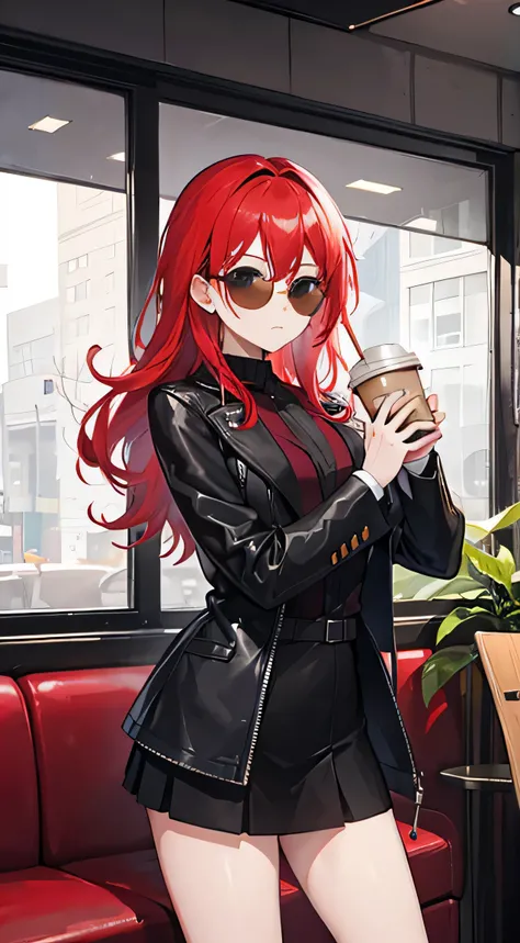 a woman who is wearing a suit and is in a cafe, she is wearing a leather jacket and sunglasses, she has red hair, her  are quite big, and she is drinking a coffee latte and looking at us while blushing.