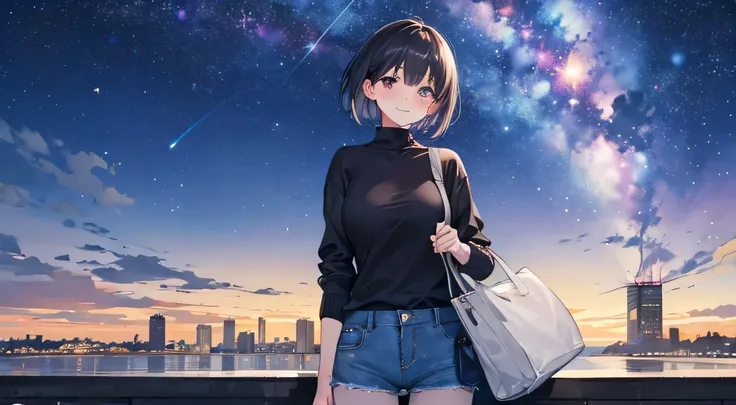 a woman in the middle of a quiet city wearing a sweater and short jeans, she is facing the sky because the atmosphere around her is a quiet city with the electricity still on, she is wearing a bag and while looking at the sky full of stars she blush and sm...