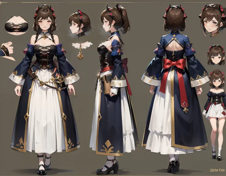 1 female, 20 years old, (granblue fantasy characters), Wearing a gothic dress,Magical girl， complete body, character design sheet，black hair，robe, Front view, side view, Rear view，180cm height