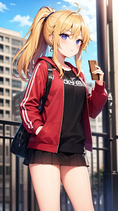 Girl, ponytail hair, blonde hair, purple eyes, cute girl, jacket Adidas, mini skirt, sneakers, city 