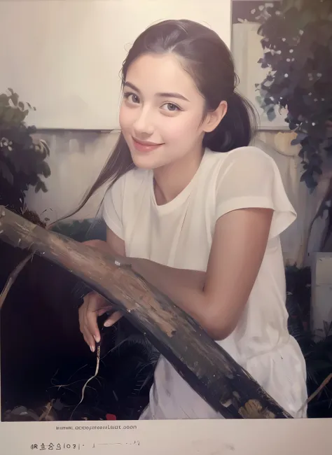 beautiful girl from Indonesia,white t-shirt,lovely face,black shining hair,brown eyes,long eyelashes,fair skin,smiling expression,peaceful garden background,natural sunlight,soft and warm lighting,medium:oil painting,detailed brush strokes,elegant posture,...