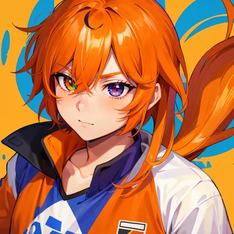 (solo),(1boy,masculino,(alone),orange hair),soccer uniform , heterochromia , one eye green , one eye purple