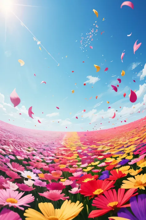 best quality, incredibly absurdres, extremely detailed, huge amount of colorful flower petals fly up and down in the wind, clear skies, sunshine, motion-blur, action-lines