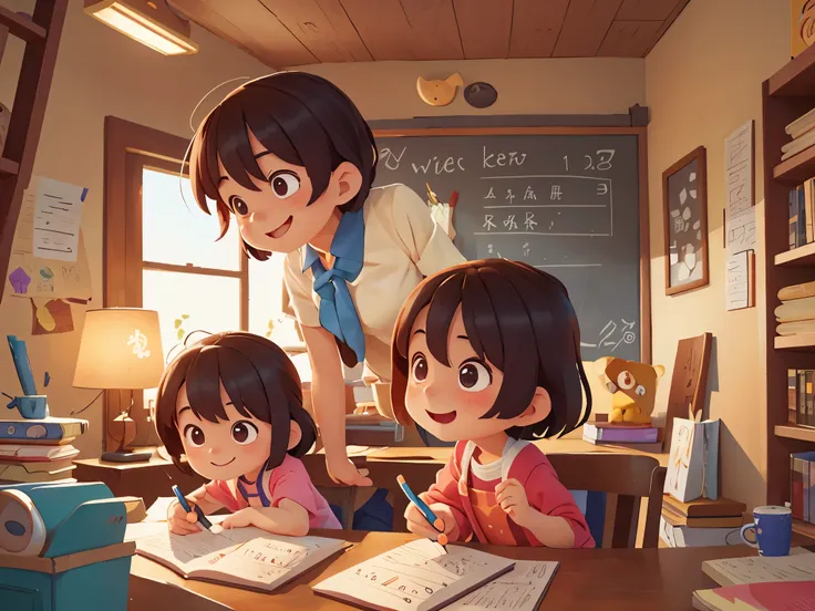 妈妈陪可爱的小女孩write homework，table，study，write homework，Smile，Pixar style, best quality, stills,