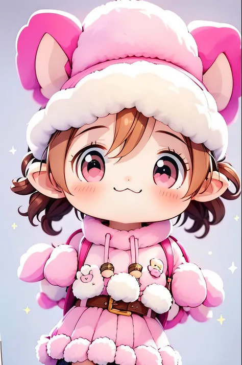 pink hair, pink eyes, cat girl, white beanie, pink fluffy sweater, pink cat tail , white shorts, stripped stockings, pink long boots, fluffy hair, wearing backpack, pink waist belt, cute, sparkly eyes, smiling, blushy cheeks