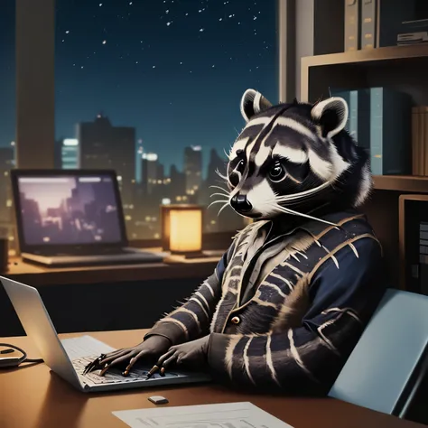 (a tired, formally dressed raccoon with an arrogant look:1.6),(office setting),desk,nameplate on desk:(writing "Fefysnoner"),one computer,documents,pen-holder,telephone,keyboard,mouse,cup of coffee,calendar,office chair,(window overlooking night city:1.4),...