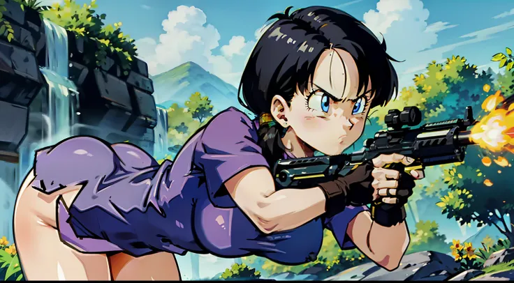  Assault rifle, combat girl, muzzle flash,purple tight suit,streak,masterpiece, highest quality,High resolution, , 1girl,gun,girl,videl,saw 2, blue eyes, black hair, Low twintails and short cut, jungle,Bottomless swamp