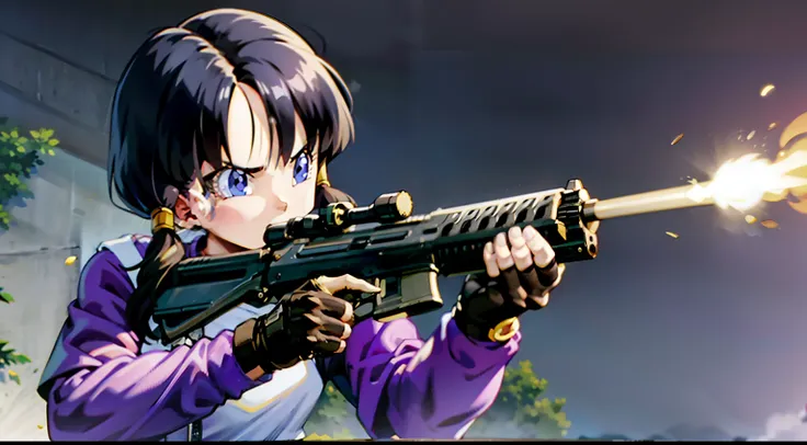 assault rifle, combat girl, muzzle flash,purple tight suit,purple rubber suit,streak masterpiece, highest quality,high resolutio...