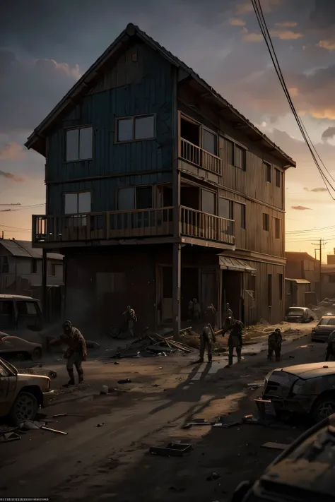 A group of people build a house on wasteland，harsh environment，surrounded by zombies