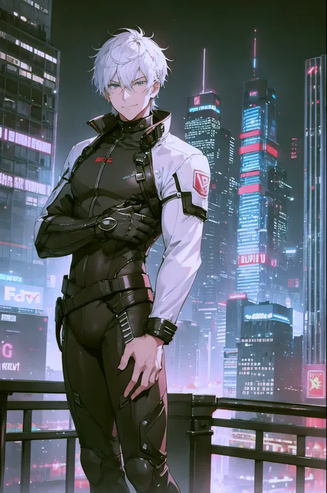 white hair, medium hair, mature male, black bodysuit, smirk, tonned, guard, hightech clothes, cityscape, skyline, night, neon lights