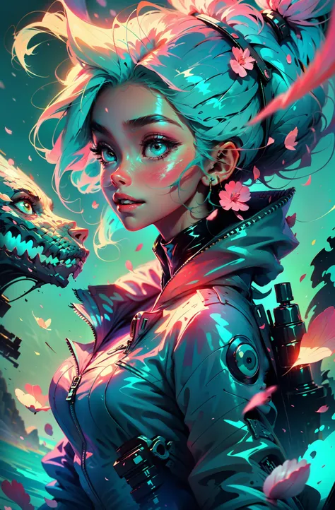 cyberpunk female woman wearing (turquoise Jacket with chromatic accents:1.1), sleek pink and White full bodysuit, side view turning to face camera, (Petal Blush, Lagoon Blue color background:1.3), amazing smile, looking at camera, golden hour