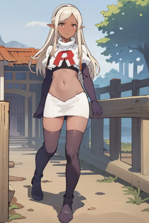 best quality, masterpiece, highly detailed,
yaa,
solo,
dark skin, blonde hair, long hair, orange eyes, pointy ears, hairband, small breasts,
team rocket,team rocket uniform, red letter R, white skirt,white crop top,black thigh-highs,black elbow gloves
look...