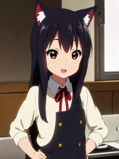 (best quality, masterpiece:1.2), 1girl, (((masterpiece))), top-quality, top-quality, High Details, nakano azusa, 1girl, Cafe waiter uniform, black cat ear, (((black cat ear))), Twin-tailed, length hair, A dark-haired, brown-eyed, solo, reddish, thin red ri...