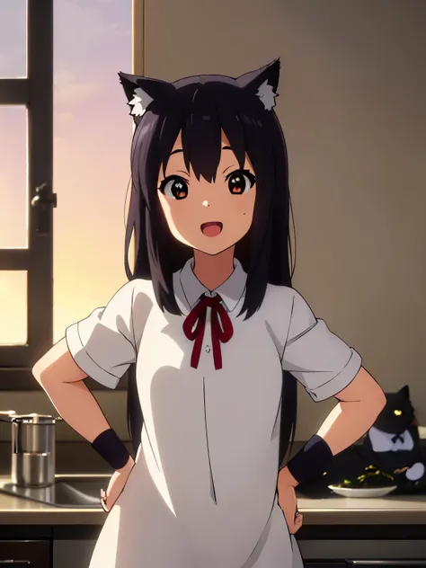 (best quality, masterpiece:1.2), 1girl, (((masterpiece))), top-quality, top-quality, High Details, nakano azusa, 1girl, Cafe waiter uniform, black cat ear, (((black cat ear))), Twin-tailed, length hair, A dark-haired, brown-eyed, solo, reddish, thin red ri...