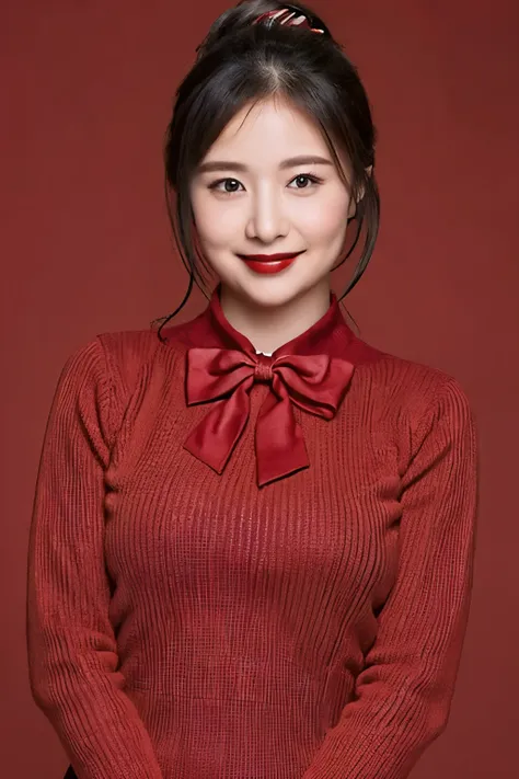 ((top quality、8k、masterpiece:1.3))、sharp focus, High level of image quality, high resolution，,Red sweater dress，red bow tie，black jeans，hair tied up，indoor background，30 year old female，Mature，charming smile，Chubby face，Draw lips correctly, red lipstick，st...