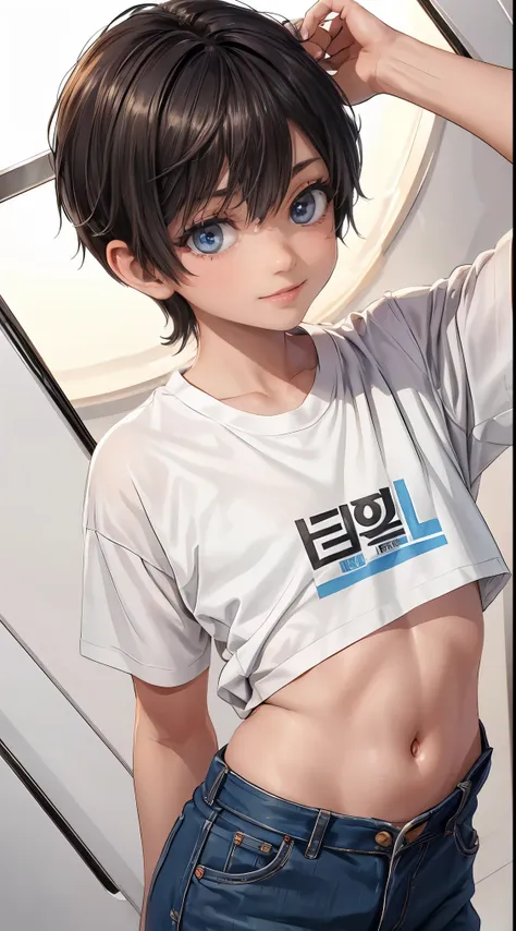 masterpiece、（highest quality)、((high level image quality))、one beautiful boy、((navel exposure、armpit shirt costume))、(detailed b...