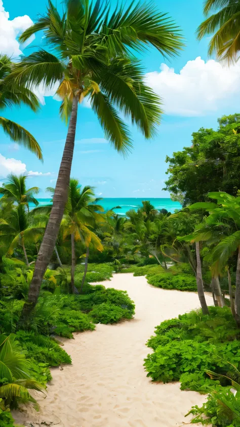 painting of a tropical beach with palm trees and a path, a digital painting by Kamagurka, pixiv, conceptual art, painted in anime painter studio, beautiful anime scenery, beach landscape, anime background art, detailed scenery —width 672, tropical beach pa...