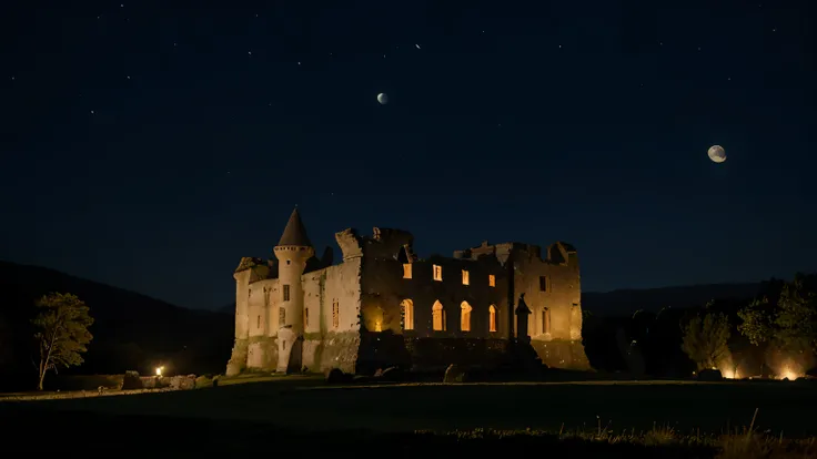 Castle ruins under the moonlight: Ancient castle ruins bathed in moonlight, Shrouded in mystery and history.