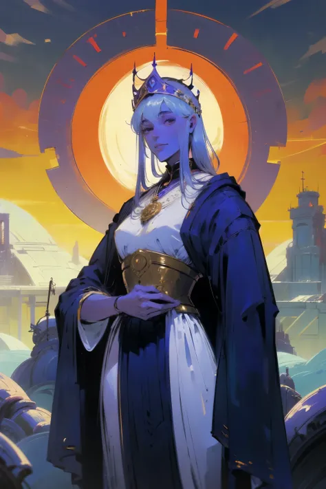 masterpiece:1.2, best quality, ultra detailed, absurdres, (cowboy_shot), (1female blue_skin), white_hair, wearing royal headpiece, long hair, older, 1woman,female_focused, (queen attire), divine pose, gentle smile, elegant attire and purple robes, in the s...