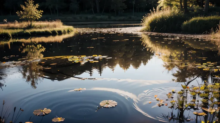 Reflections in a Pond: The still surface of a pond reflecting the stars above, creating a mirror-like effect.