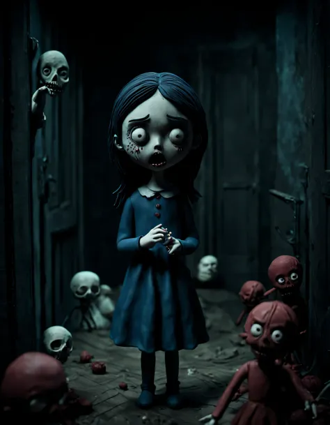 a horror girl, dark scene, horror movie, creepy, detailed, 
,clay animation, clay, masterpiece, high saturation