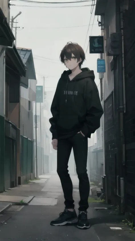 (((A Man))) brown hair, green eyes, black hoodie, long black jeans, badass, cool, gentle, standing in a dark alley.