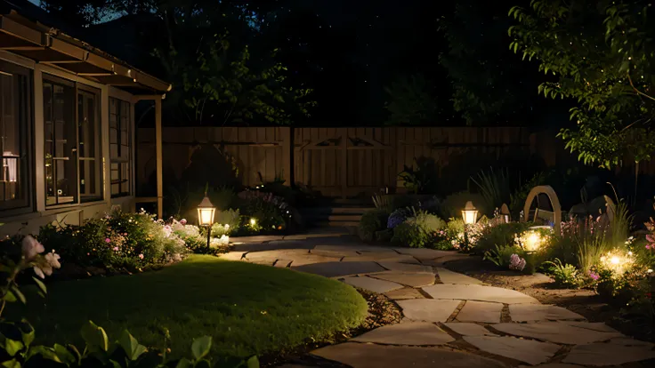 night garden: The garden is lit by soft garden lights., With flowers and leaves casting delicate shadows.