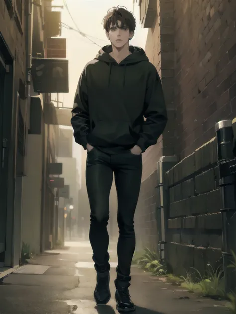 (((A Man))) brown hair, green eyes, black hoodie, long black jeans, badass, cool, gentle, standing in a dark alley.