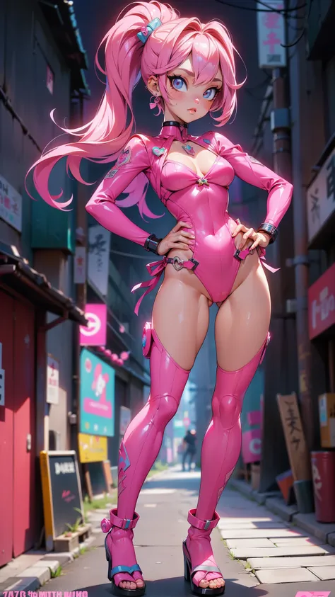 (La mejor calidad,A high resolution,Ultra - detallado,actual),Ariana Grande a doll with long pink hair and a (bodysuit pink :1.4) ,(lingerie bikini blue:1.4), pantalones plateado, animated barbie doll, blonde chica anime con pelo largo, (Estilo Ross Tran:1...