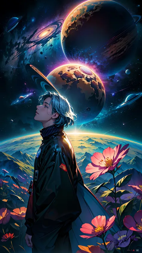 (8k, RAW photo, highest quality, masterpiece:1.2), high definition poster art design, psychedelic illustration, ((outer spaceに広がる幻想的花畑, Colorful flowers and falling petals, background planet,)), Background Space Graphic Art, Space Illustration, outer space...