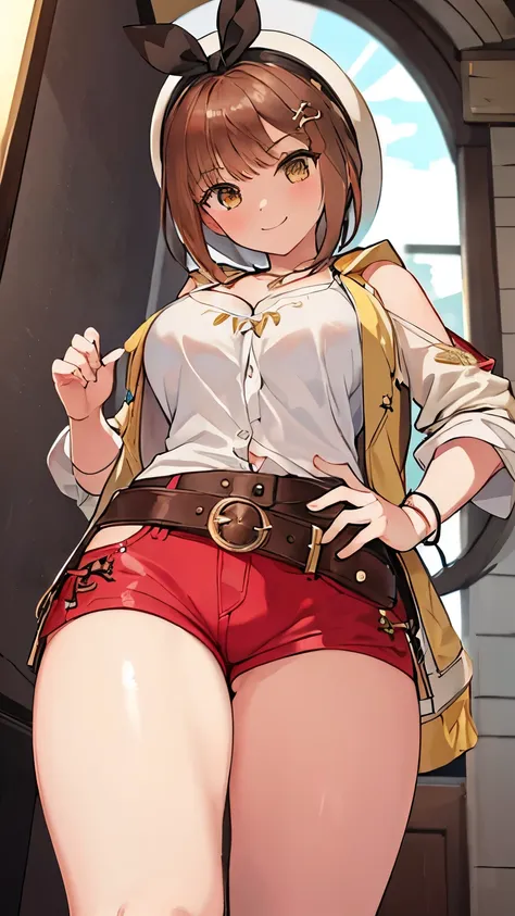 ryza, 1 girl, with two people, shorts, gloves, belt bag, have, head ribbon, jewelry, (red shorts), brown hair, thighs thighs thi...