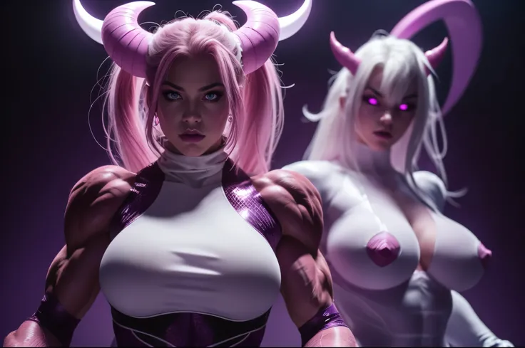 (pink and purple demoness:1.5),(beautiful female model:1.5), (demoness with Large horns:1.25),(1 super muscular succubus with flayed skin:1.5), (covered in thick white muscle suit:1.5), (exposed perfect anatomy:1.5), high detail, best quality, masterpiece,...