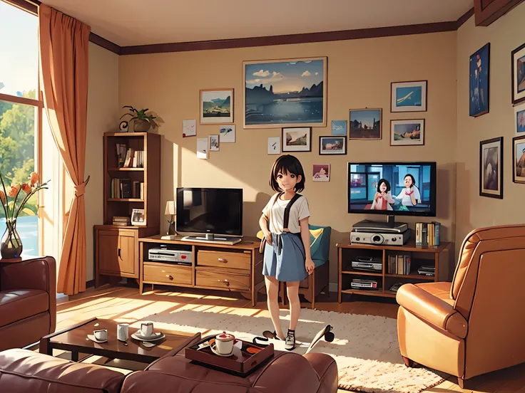 可爱的小女孩在看television，Mom stood by，living room，television，sofa，remote control，Smile，Pixar style, best quality, stills,