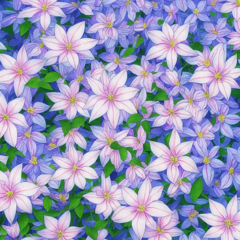 arafed blue and white flowers in a garden with green leaves, blue and white, white and blue, blue flowers bloomed all over, clematis like stars in the sky, blue! and white colors, stunningly beautiful, blue flowers, incredibly beautiful, beautiful!, white ...