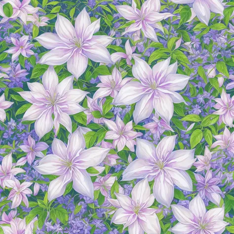 arafed blue and white flowers in a garden with green leaves, blue and white, white and blue, blue flowers bloomed all over, clematis like stars in the sky, blue! and white colors, stunningly beautiful, blue flowers, incredibly beautiful, beautiful!, white ...