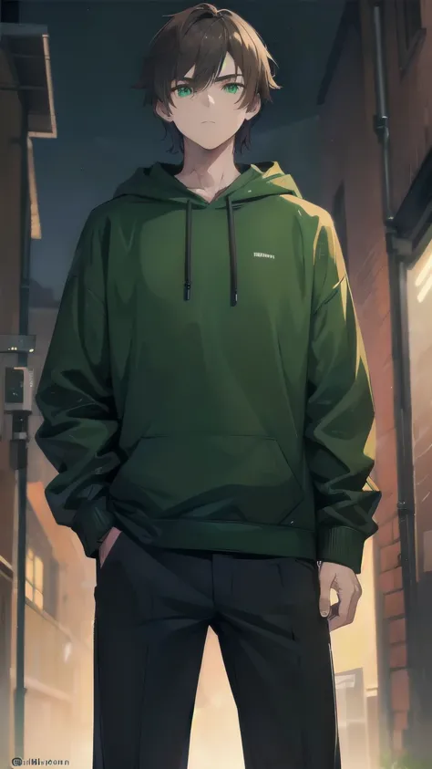 (((A Man))) brown hair, green eyes, black hoodie, athletic body, badass, cool, gentle, standing in a dark alley, ((night)).