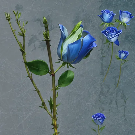 a blue rose with leaves and a stem on a black background, digital art by Alexander Kucharsky, trending on cgsociety, fantasy art, blue rose, beautiful!!! digital art, rendering a blue rose, glowing blue, 🌺 cgsociety, translucent roses ornate, gorgeous digi...