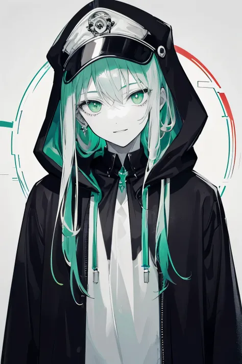 (highest quality, masterpiece), Glitch Screen Filter, (1 male
, beautiful boy，alone, hood, fortune teller，narrow eyes，expression, Are standing, looking at the viewer, cap, emerald green eyes, long straight hair, smile,Upper body,Dominator), (monochrome, wh...