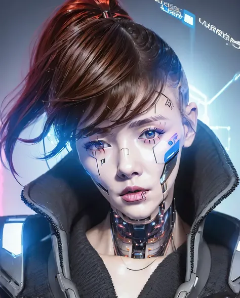 (cyber_mark: 1.8), cyborg, humanoid, android girl, wing, facial mark, 1girl, long hair, black hair, closed mouth, collarbone, half buzz cut:1.4, brown hair, chrome ornament eyes:1.4, black eyes, lips, head tilt, eyelashes, makeup, eyeshadow, eyeliner, look...