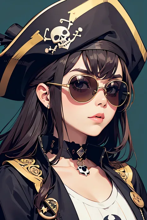 stylish design, cute lovely pirate skull, focus on the face, Stylish sunglasses, Fashionable hats, beautiful flower, highest quality