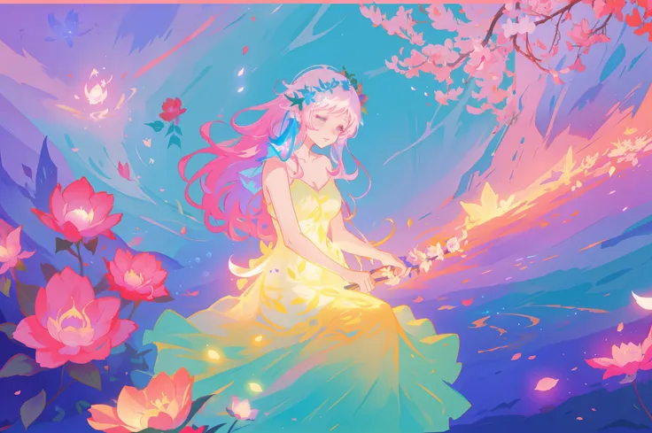 beautiful girl in flowing ballgown, flower fairy in a dress made of flower petals, flowers and colorful plants, inspired by Glen Keane, inspired by Lois van Baarle, disney art style, by Lois van Baarle, glowing aura around her, by Glen Keane, jen bartel, g...