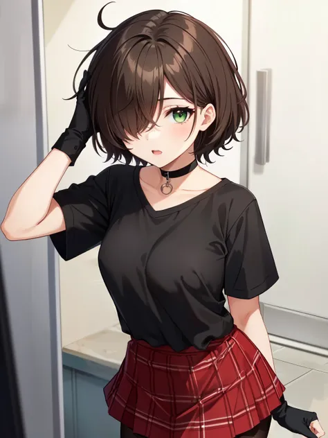 1girl, matte skin, brown hair, green eyes, pixie cut, (messy hair:1.2), (hair over one eye:1.2), hair between eyes, very short hair, black shirt, short sleeves, fishnet long gloves, red plaid miniskirt, black pantyhose, choker