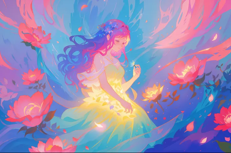 beautiful girl in flowing ballgown, flower fairy in a dress made of flower petals, flowers and colorful plants, inspired by Glen Keane, inspired by Lois van Baarle, disney art style, by Lois van Baarle, glowing aura around her, by Glen Keane, jen bartel, g...