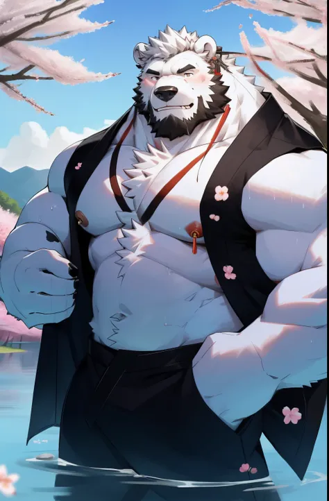 (morning), polar bear, solo, looking at the audience, summer, Smile,muscular man，beard,middle aged，White Fundos,((Open)  kimono)，Chinese traditional clothing,close up,earrings,Nipple rings,Sweat,majestic,brutal,confident,Strong,Cherry blossoms,in the lake,...