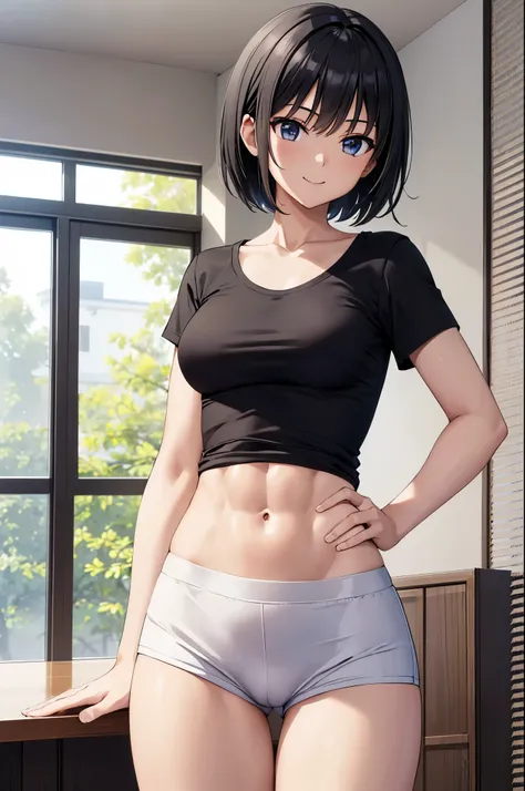 raw photos, masterpiece, best quality, ultra detailed, ultra high resolution, very detailed face, solo, anime, high school girl, black short hair, (((wearing a white t-shirt))), medium breast, slim and tall body, exposing an abdomen, (six pack abs:1.2), ha...