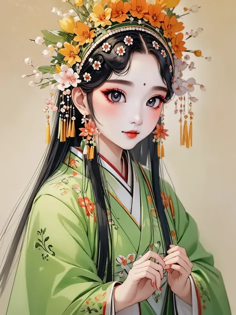 (masterpiece, best quality:1.2),fan design:1.37，(1 girl, alone，beautiful).（Exquisite facial features，eyelash，blush，long hair，Exquisite makeup），黑色long hair，Hanfu，tassel，Butterfly，peony，symmetry，White background，